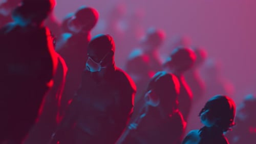 Stylized Crowd Wearing Face Masks in Neon Light Loop