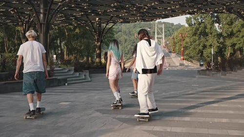 Back View Group of Young Progressive Skaters in the City Park Near the Bridge