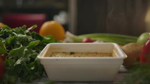 Bowl of Soup with Fresh Vegetables and Fruits