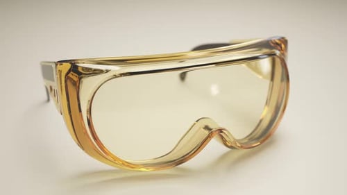 A pair of safety goggles on a white desk. Scientific eyes protection equipment.