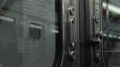 Departing subway train, view from inside through closed doors