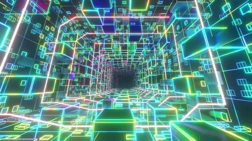 Neon Futuristic Tunnel Animation with Geometric Grid Lines