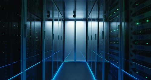 Long Hallway Full Server Racks in a Modern Data Center