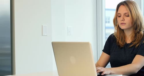 Woman Typing on Laptop at Desk Indoors
