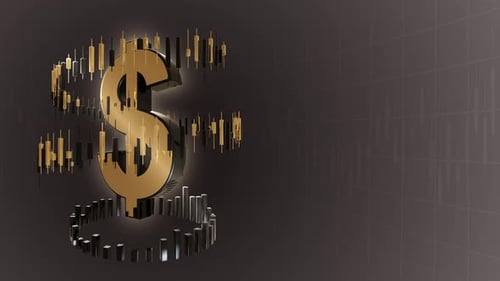 Financial background with a rotating candlestick chart around the dollar sign