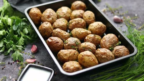 Roasted Small Potatoes with Herbs in Baking Tray