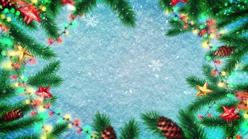 Christmas Evergreen Frame with Sparkling Snow and Twinkling Lights
