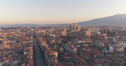 Red Rooftops at Sunset Against Mountain in Sofia, Bulgaria