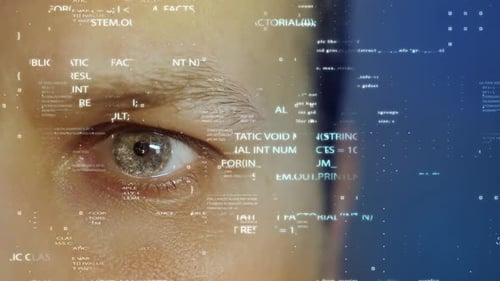 Close-up of Human Eye with Futuristic HUD Technology and Key for Security Concepts