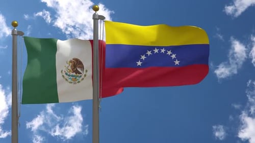 Mexican and Venezuelan Flags Waving in Realistic Blue Sky Animation