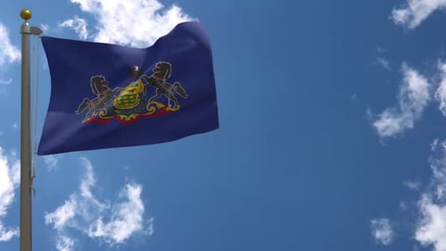 Pennsylvania State Flag Waving with Clouds in Blue Sky