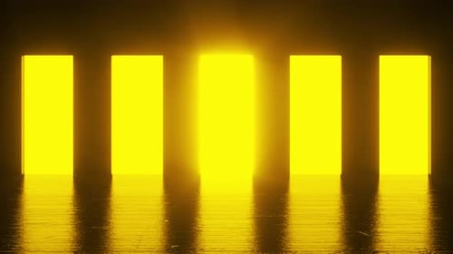 Une lumière orange brille de cinq portes dans une pièce sombre