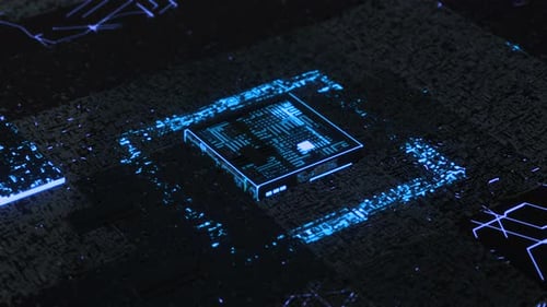 Futuristic Digital Circuit Board with Glowing Data Flow