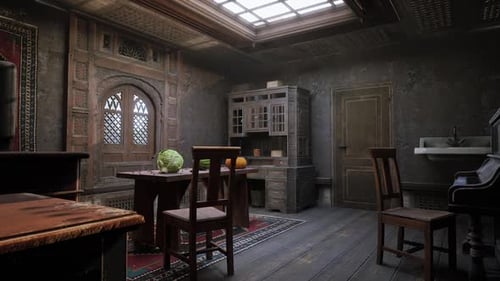 Animated Vintage Room Interior with Intricate Wooden Carvings