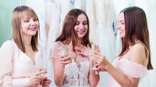 Bridesmaids Toasting Bride in Wedding Dress