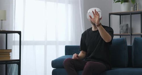 Man is Touching Virtual Display and Wearing Hmd on Eyes Vr Technology for People Home Use of Hitech
