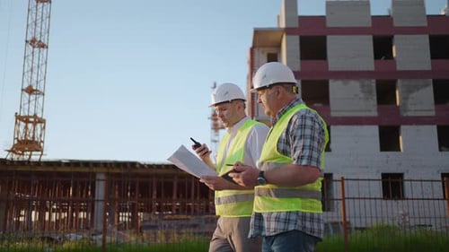 Construction Workers Discussing Project Near Building Under Construction