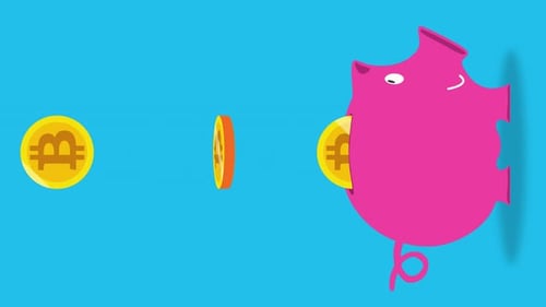 Flat Design Bitcoin Coins Saving in Pink Piggy Bank Animation