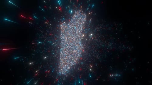 Abstract Particle Burst Forming Map Shape with Dynamic Light Trails