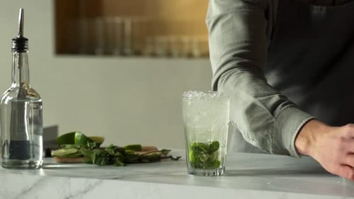 Bartender Prepares Refreshing Mojito Drink with Lime and Mint