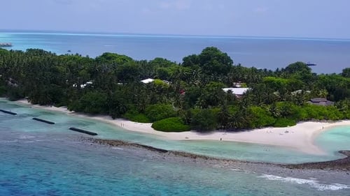 Aerial drone panorama of exotic coastline beach journey by blue sea with sand background