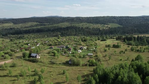 Aerial Landscape Summer Mountain Village with Forests Fields Human Settlement in Bashkortostan