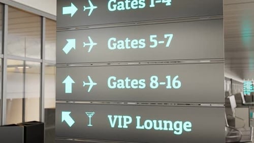 Sign directing into different areas of the waiting hall. Airport terminal. 4k HD