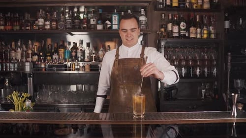 Professional Bartender Makes Craft Cocktail in Urban Bar
