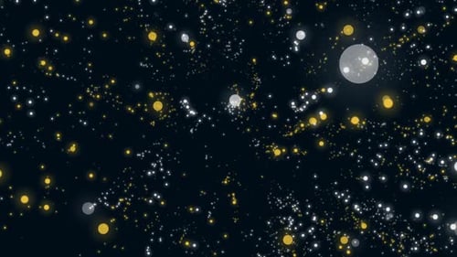 Animation von leuchtenden weißen und gelben Lichtflecken, die sich in hypnotischer Bewegung auf schwarzem Hintergrund bewegen