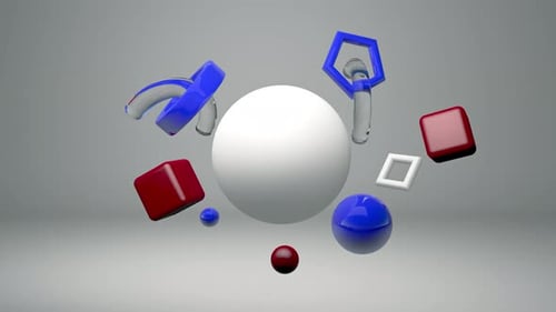 Verschiedenfarbige 3D-Formen auf weißem Hintergrund in Bewegung