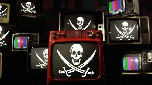 Retro Monitors Showing Jolly Roger Symbol and Color Bar Distortion