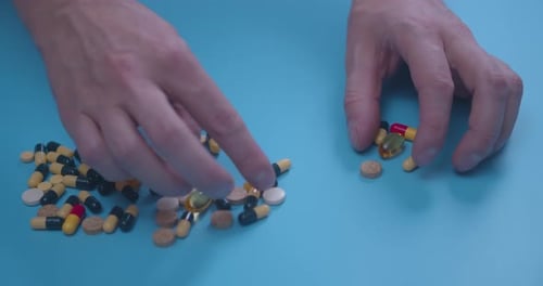 Man Hand with Pills, Tablets, Vitamins, Drugs, Capsules Isolated on Blue Background. Coronavirus