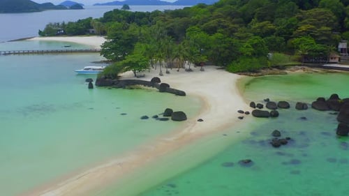 Beautiful Tropical Island Koh Kham White Sand Beach with Volcanic Rocks Near Koh Mak Trat Thailand