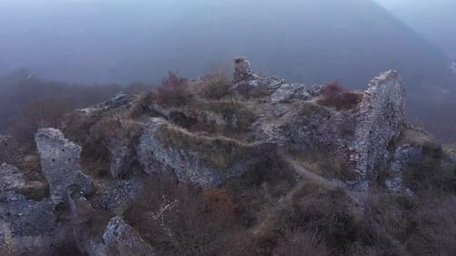 Aerial View of Ruins of a Medieval Castle. Liteni, Leta Fortress, Transylvania, Romania