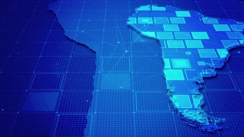 Futuristic Digital Map of South America with Network Grid