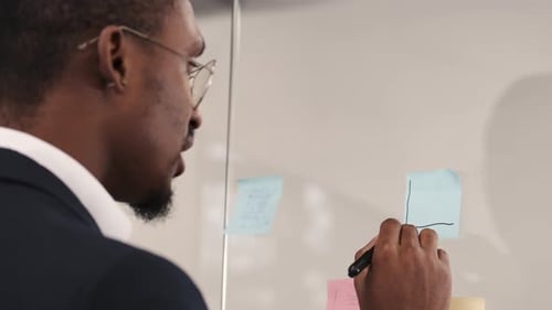 Afroamerikanischer Geschäftsmann steht im Büro in der Nähe einer Glaswand und entwickelt Unternehmensstrategie oder -plan