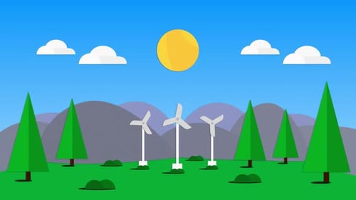 Landscape with turning wind turbines in countryside
