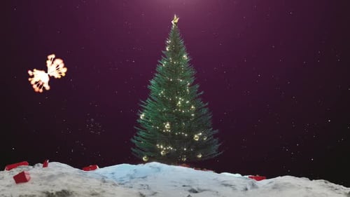 Animated Christmas Tree on Snowy Hill with Holiday Fireworks
