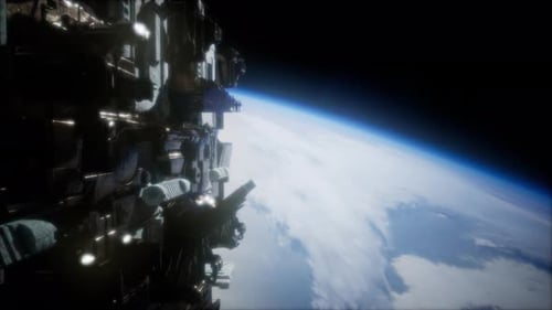 Futuristic Spaceship Orbiting Earth in Deep Space Animation
