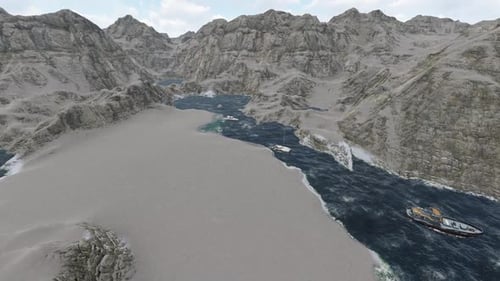 Aerial View of 3D Rendered Mountainous Landscape with Boats