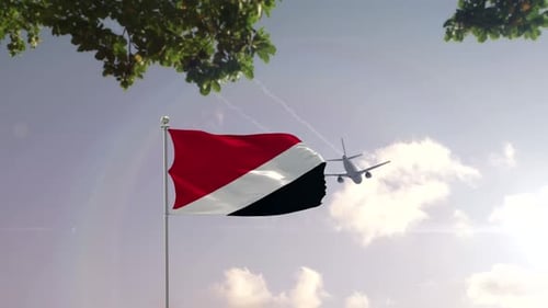 Dynamic Flag Waving with Airplane Flying Over Modern City Background