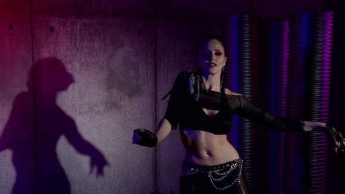 A Woman is Actively Dancing in the Studio Against the Background of the Wall From Which Her Shadow