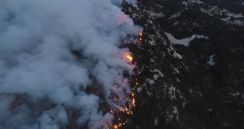 Panoramaaufnahme eines Waldbrandes in der Nacht Starker Rauch verursacht Luftverschmutzung und Feuer in vollem Umfang