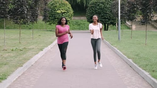 Young Active African American Female Friends Jogging in Park To Keep Healthy