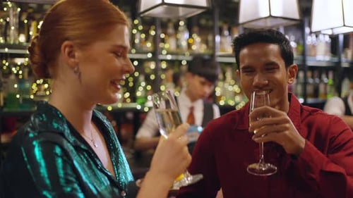 4K Group of People enjoy hangout nightlife at luxury bar.