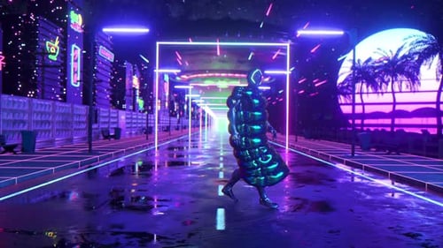 Cyberpunk Guy Dancing Against Retro Sunset Background