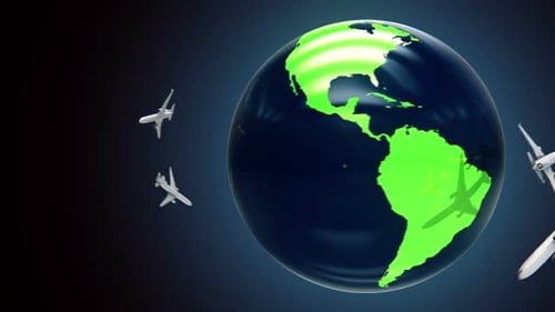 Airplanes Flying Around a 3D Earth Globe Animation