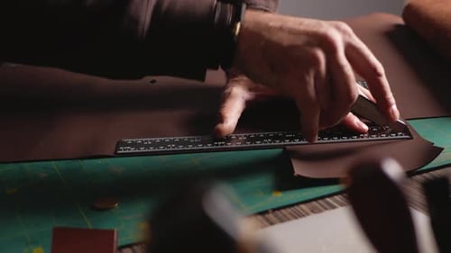 Tanner Works with Leather Makes Purse Manual Labor Small Business Production