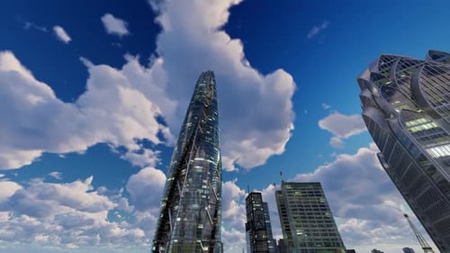 Futuristic City Skyscrapers with Fast Moving Clouds Time-Lapse