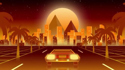 Retro Synthwave Car Driving Loop in a Neon City